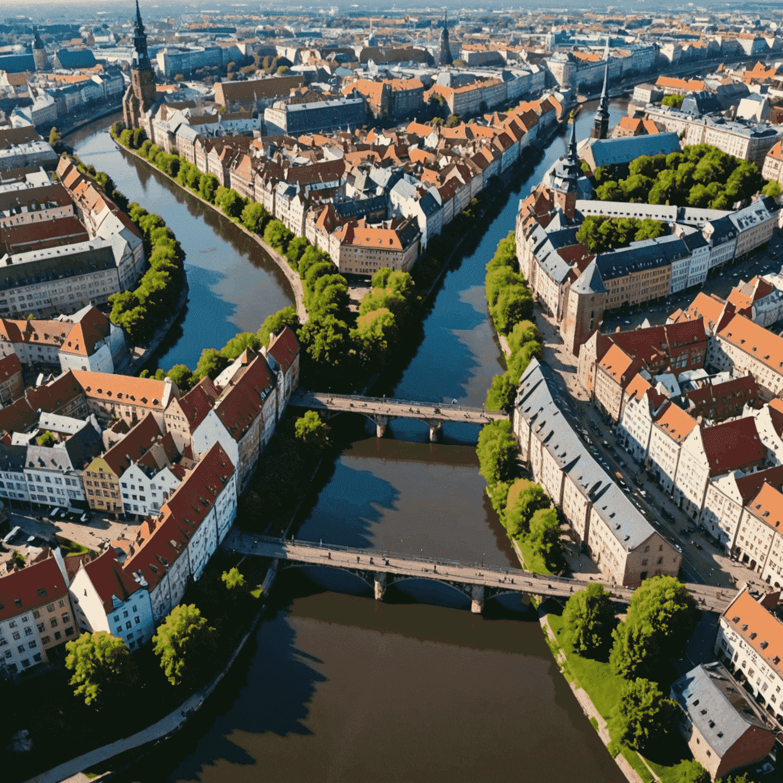 Panorama Wrocławia z lotu ptaka, ukazująca liczne mosty przecinające Odrę i jej odnogi, z charakterystyczną Wyspą Tumską w centrum i kolorowymi kamienicami Rynku w tle
