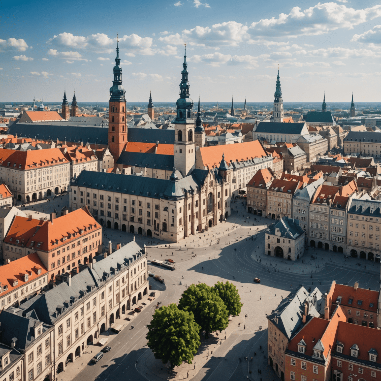 Panorama Poznania ukazująca mieszankę historycznych budynków i nowoczesnych wieżowców, z widocznym Starym Rynkiem i rzeką Wartą